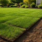Fresh cut sod rolls stacked and ready for pickup